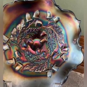 Antique Fenton Carnival Glass Radium Fall Acorn Pattern Ruffled Bowl, Blue